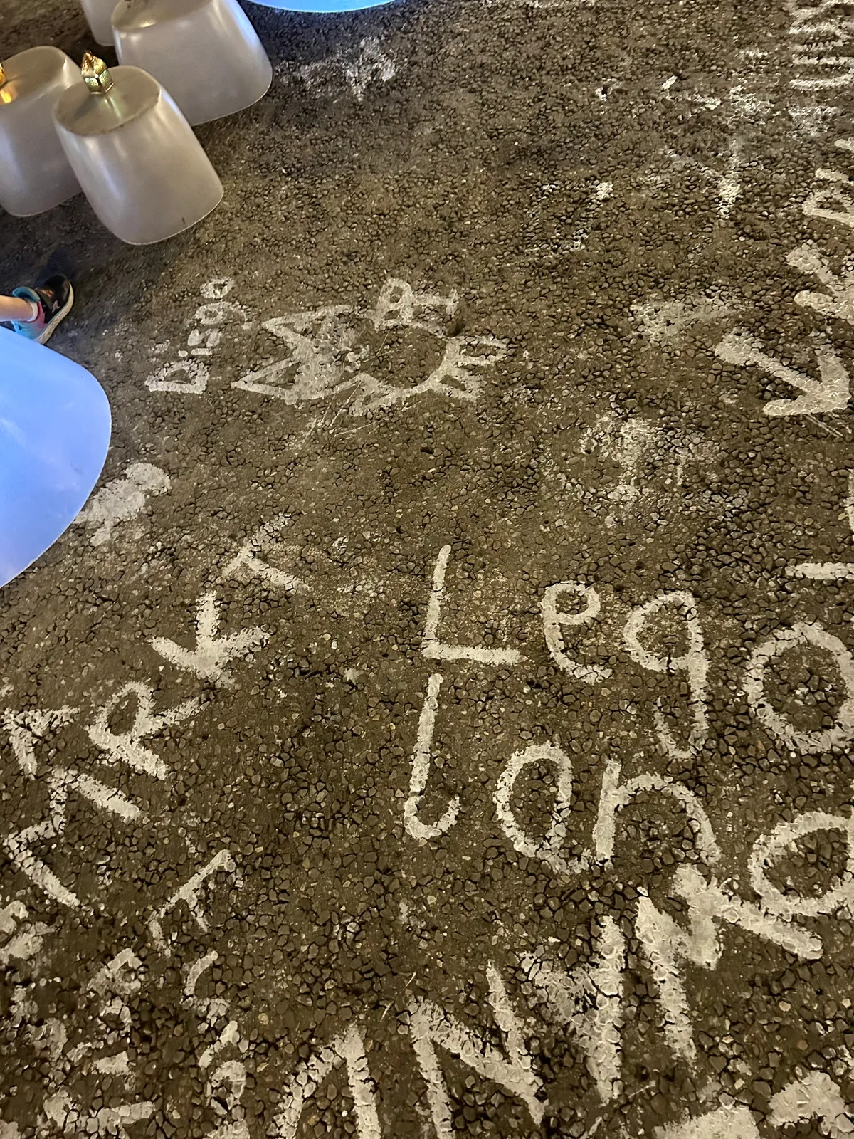 Man sieht Wörter auf den Boden geschrieben.